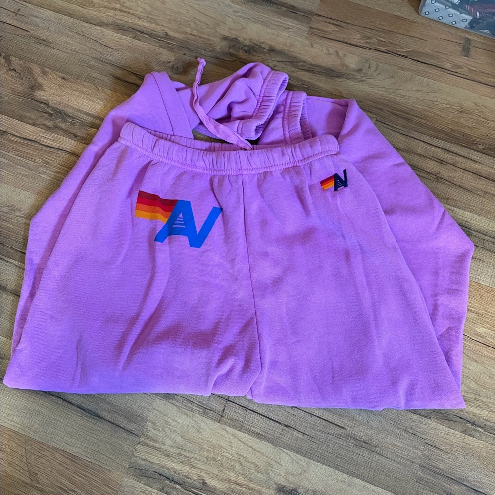 Aviator Nation Pink Lavender Track Joggers with Rainbow Logo
